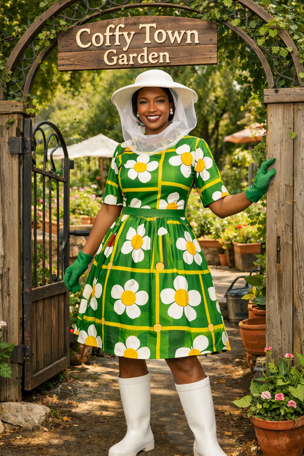Dawn of Time in her green daisy dress and white sun hat, opening the Coffy Town Garden gate